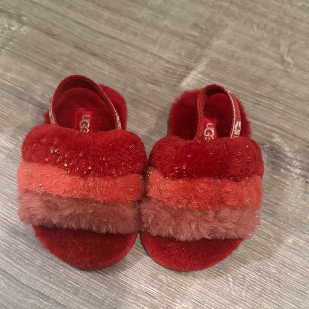 UGG Kids Red and Pink Fluffy Slippers